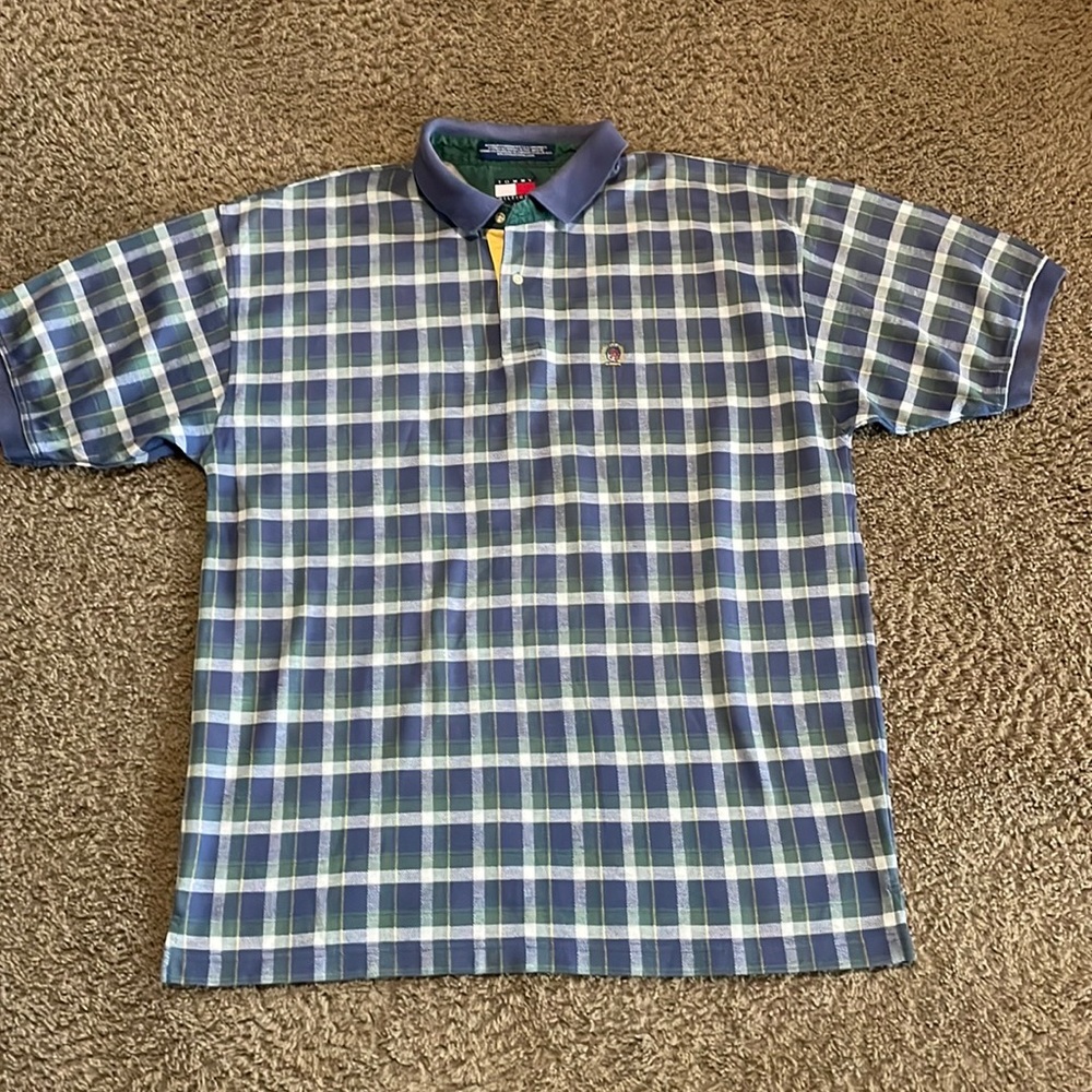 Men’s Vintage Tommy Hilfiger green/blue plaid short sleeved shirt Sz XL